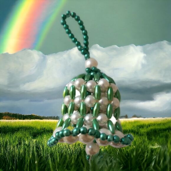 Beaded Bell Ornament Vintage Handmade Christmas Green Holiday Xmas Hand Crafted. - Picture 11 of 13